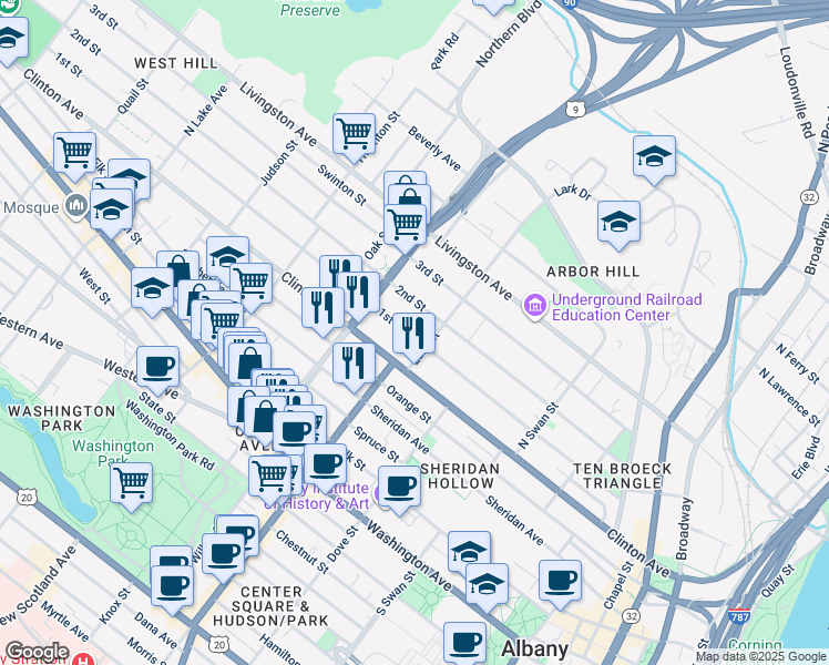 map of restaurants, bars, coffee shops, grocery stores, and more near 188.5 2nd Street in Albany