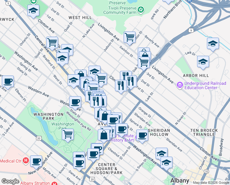 map of restaurants, bars, coffee shops, grocery stores, and more near 395 Orange Street in Albany