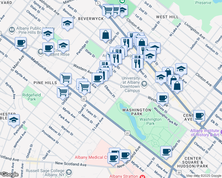 map of restaurants, bars, coffee shops, grocery stores, and more near 188 Western Avenue in Albany