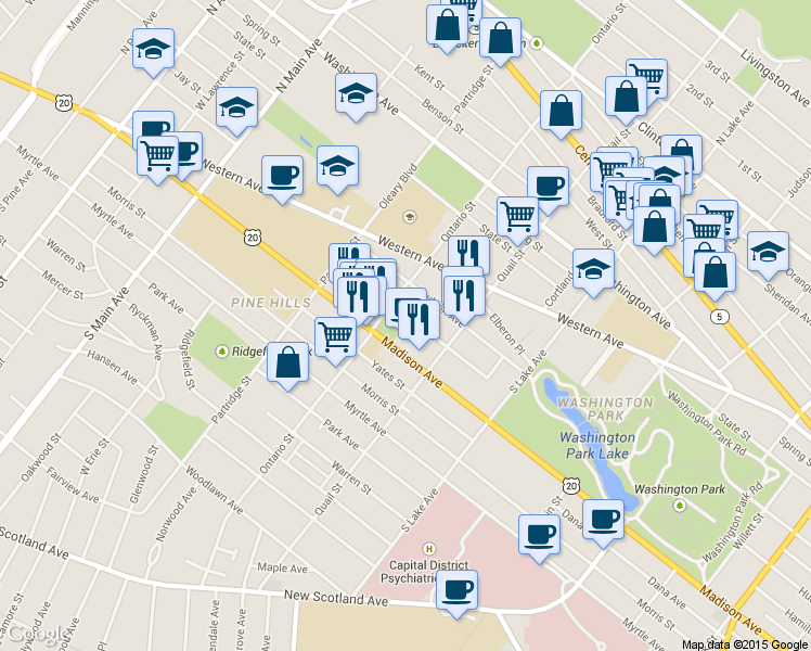 map of restaurants, bars, coffee shops, grocery stores, and more near 492 Hudson Avenue in Albany
