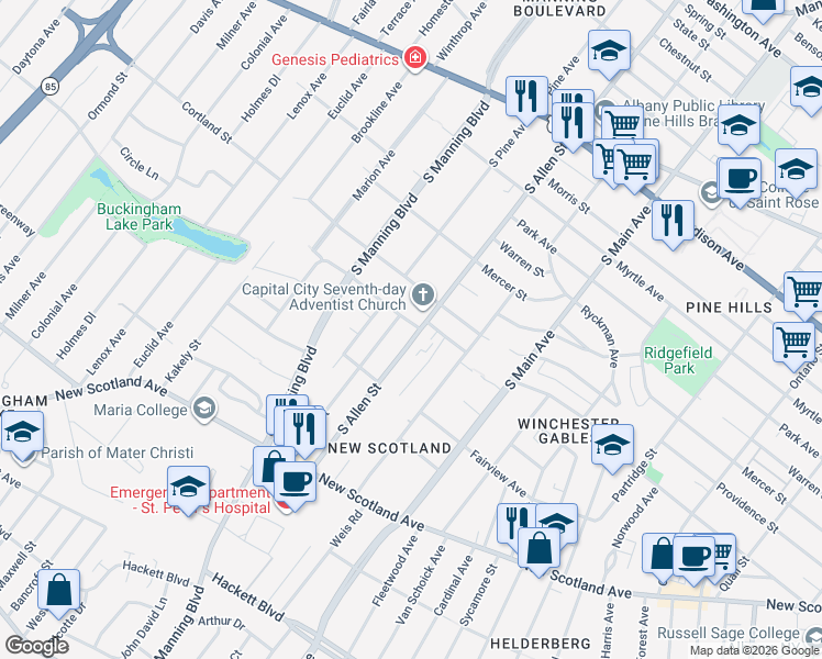 map of restaurants, bars, coffee shops, grocery stores, and more near 7 Bower Street in Albany