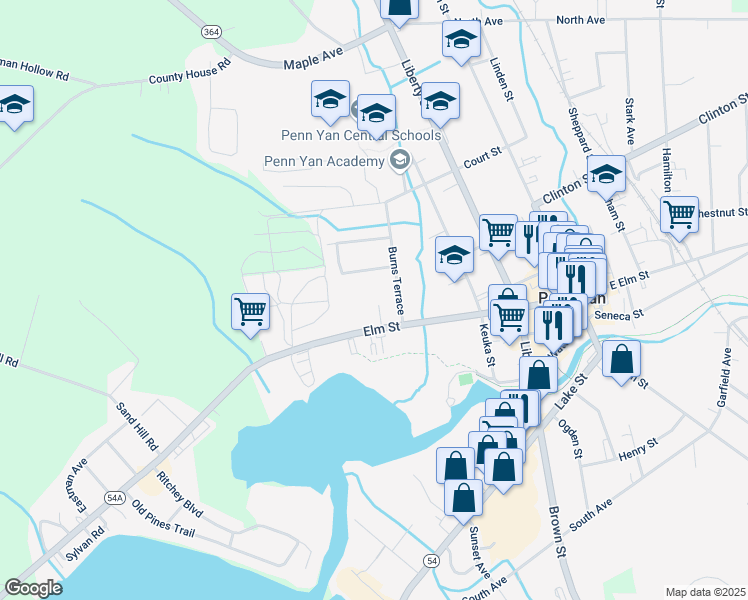 map of restaurants, bars, coffee shops, grocery stores, and more near 351 Elm Street in Penn Yan