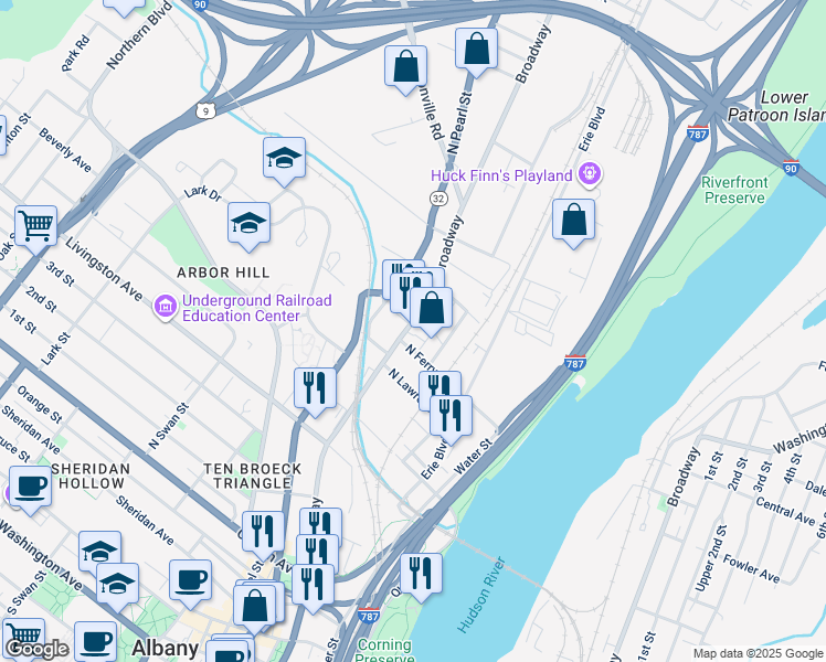 map of restaurants, bars, coffee shops, grocery stores, and more near 893 Broadway in Albany