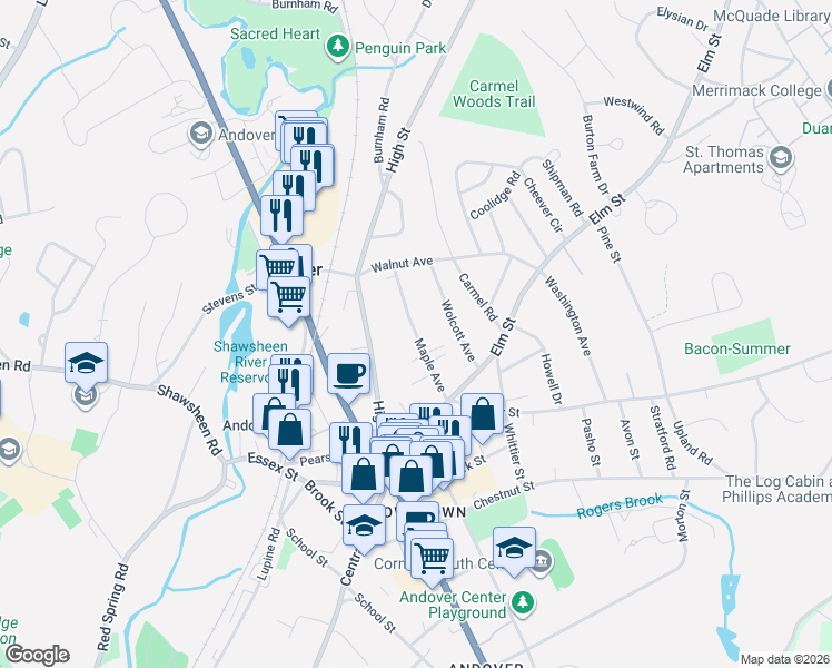 map of restaurants, bars, coffee shops, grocery stores, and more near Maple Avenue in Andover