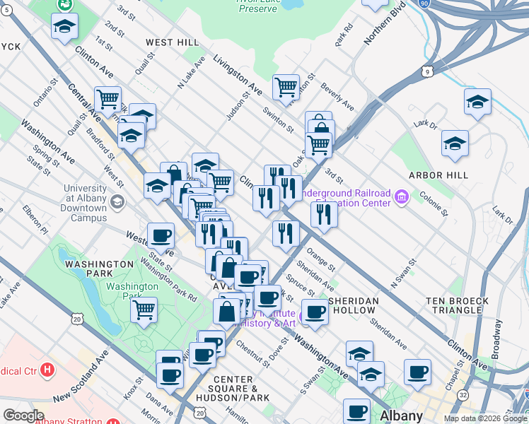 map of restaurants, bars, coffee shops, grocery stores, and more near 369 Clinton Avenue in Albany