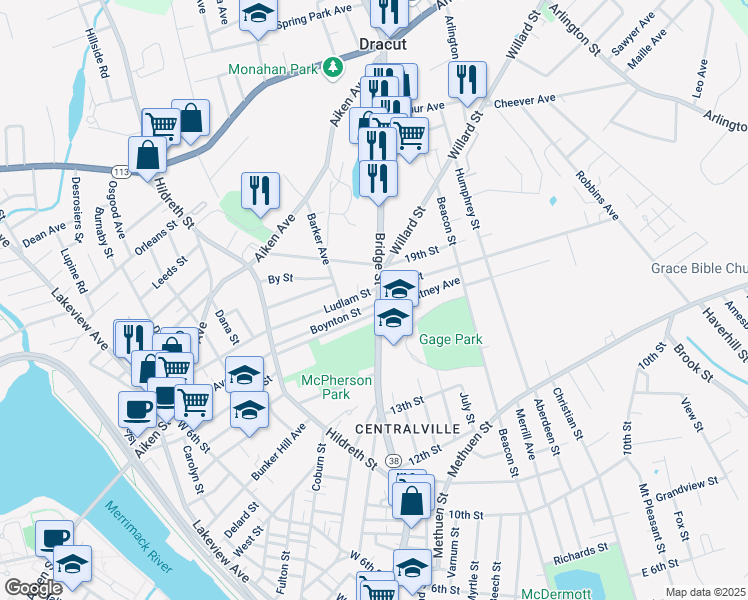map of restaurants, bars, coffee shops, grocery stores, and more near in Lowell