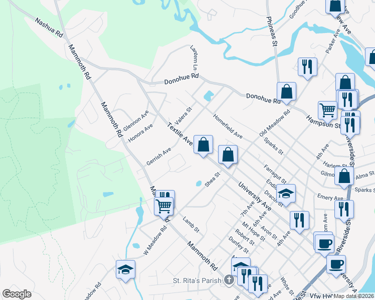 map of restaurants, bars, coffee shops, grocery stores, and more near 434 Textile Avenue in Dracut