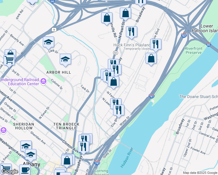 map of restaurants, bars, coffee shops, grocery stores, and more near 918 Broadway in Albany