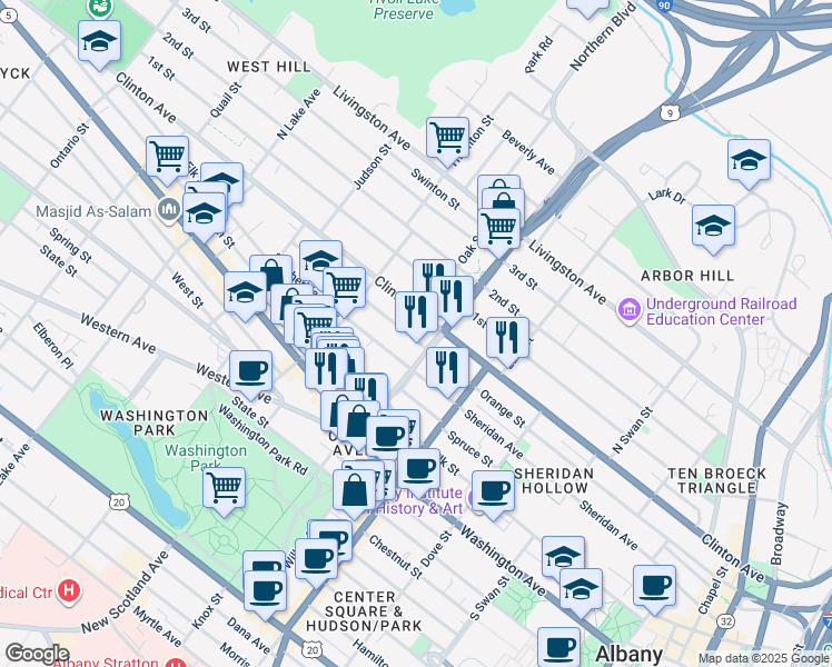 map of restaurants, bars, coffee shops, grocery stores, and more near 369 Clinton Avenue in Albany
