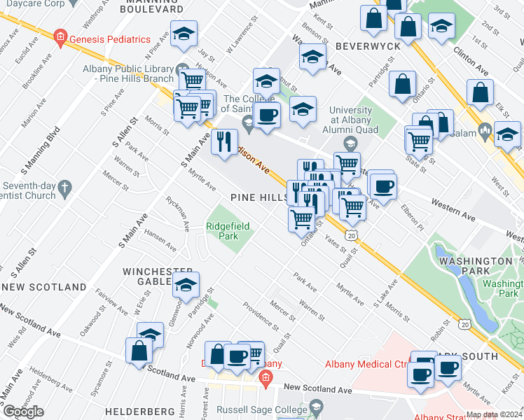 map of restaurants, bars, coffee shops, grocery stores, and more near 569 Morris Street in Albany