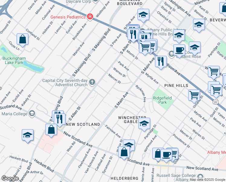 map of restaurants, bars, coffee shops, grocery stores, and more near 374 West Lawrence Street in Albany
