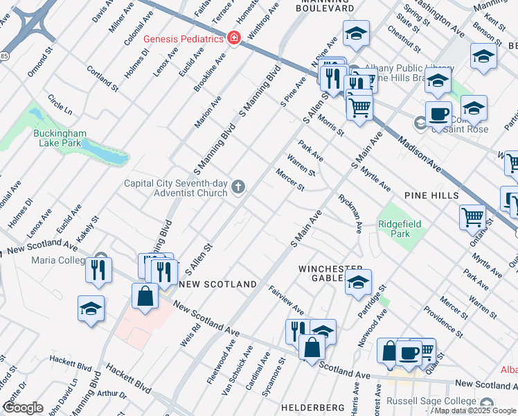 map of restaurants, bars, coffee shops, grocery stores, and more near 165 South Allen Street in Albany