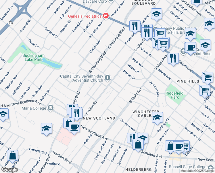 map of restaurants, bars, coffee shops, grocery stores, and more near 7 Bower Street in Albany