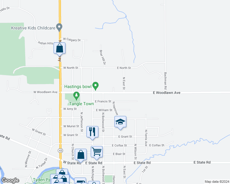 map of restaurants, bars, coffee shops, grocery stores, and more near 1500 North East Street in Hastings