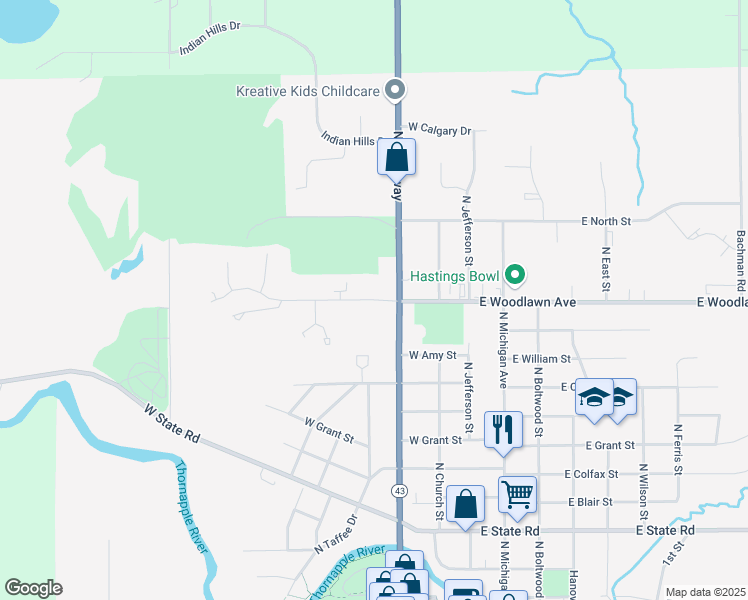map of restaurants, bars, coffee shops, grocery stores, and more near 340 West Woodlawn Avenue in Hastings