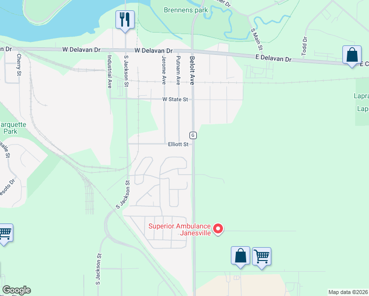 map of restaurants, bars, coffee shops, grocery stores, and more near 1333 Putnam Avenue in Janesville