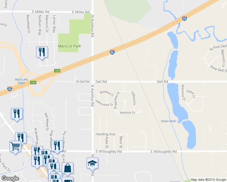 map of restaurants, bars, coffee shops, grocery stores, and more near 4428 Bowline Court in Lansing