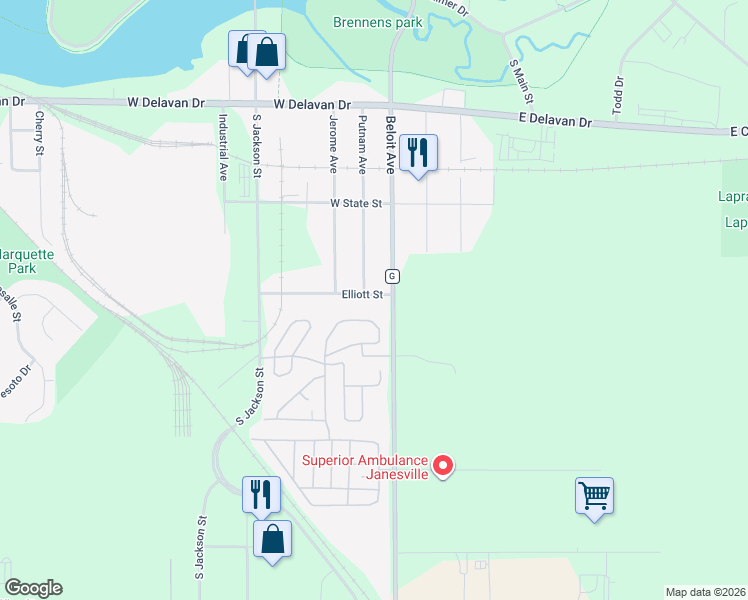 map of restaurants, bars, coffee shops, grocery stores, and more near 1333 Putnam Avenue in Janesville