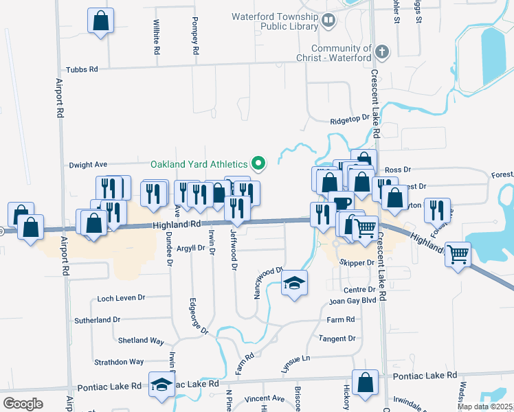 map of restaurants, bars, coffee shops, grocery stores, and more near in Waterford Township