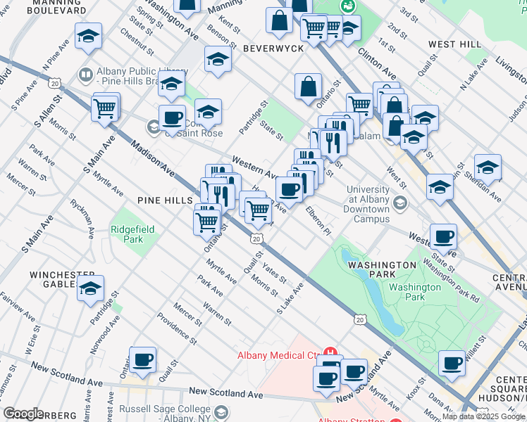 map of restaurants, bars, coffee shops, grocery stores, and more near 475 Hamilton Street in Albany