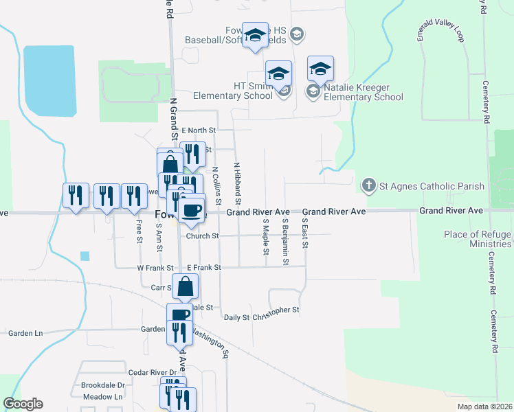 map of restaurants, bars, coffee shops, grocery stores, and more near 120 North Maple Street in Fowlerville