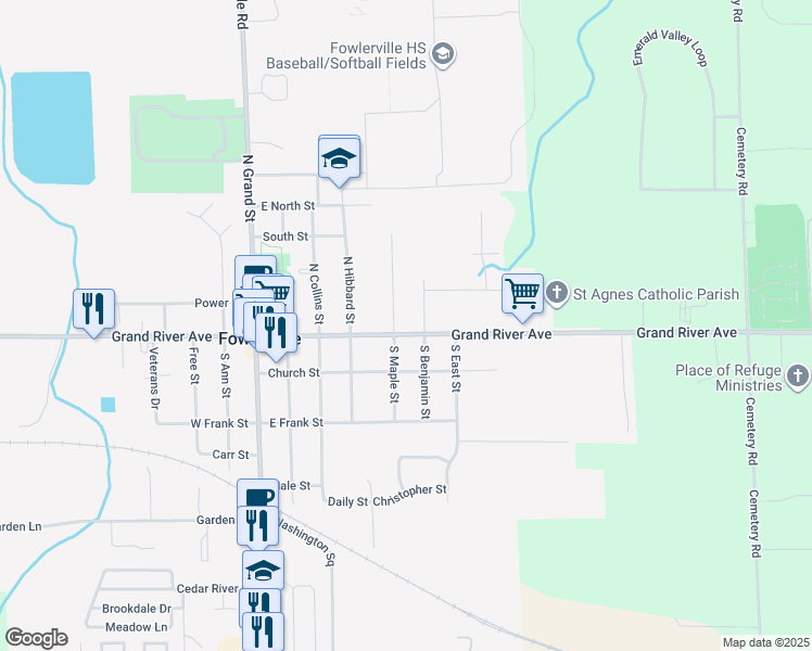 map of restaurants, bars, coffee shops, grocery stores, and more near 511 East Grand River Avenue in Fowlerville