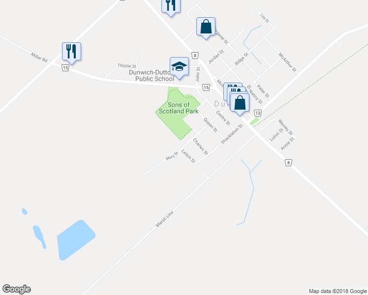 map of restaurants, bars, coffee shops, grocery stores, and more near 187 Leitch Street in Elgin County