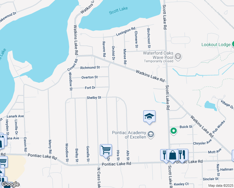 map of restaurants, bars, coffee shops, grocery stores, and more near 1496 Alhi Street in Waterford Township