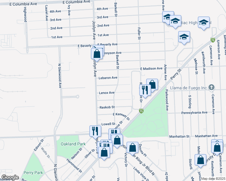 map of restaurants, bars, coffee shops, grocery stores, and more near 599 Lenox Avenue in Pontiac