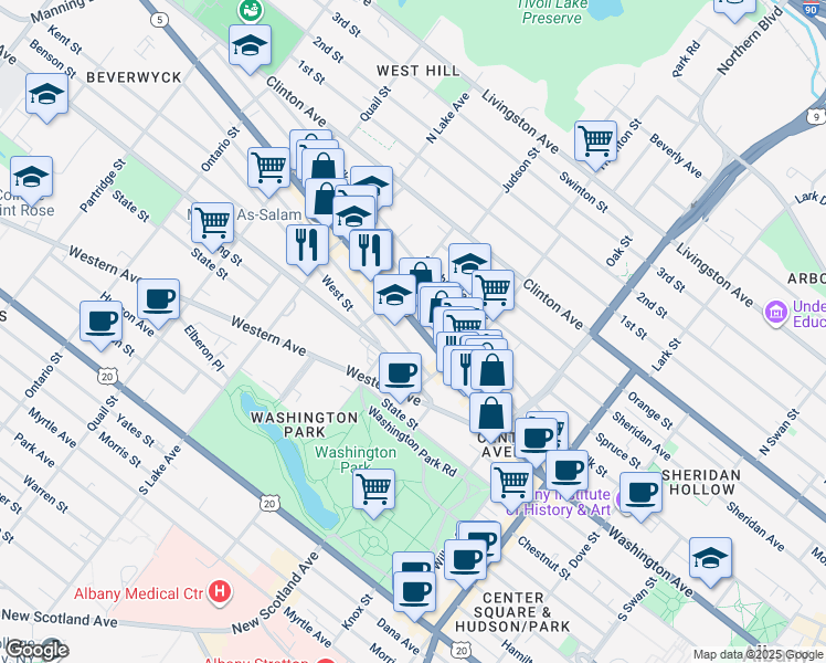 map of restaurants, bars, coffee shops, grocery stores, and more near 156 Central Avenue in Albany