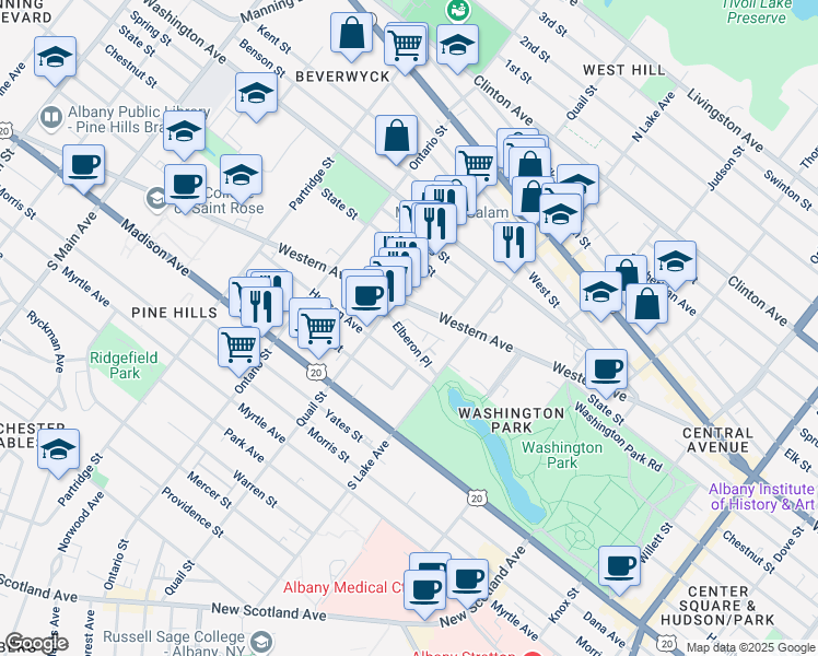 map of restaurants, bars, coffee shops, grocery stores, and more near in Albany