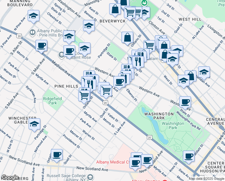 map of restaurants, bars, coffee shops, grocery stores, and more near 465 Hudson Avenue in Albany