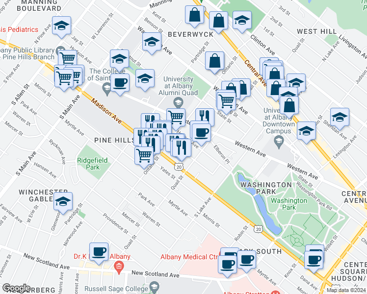 map of restaurants, bars, coffee shops, grocery stores, and more near 492 Hudson Avenue in Albany