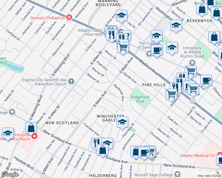 map of restaurants, bars, coffee shops, grocery stores, and more near 81 South Main Avenue in Albany
