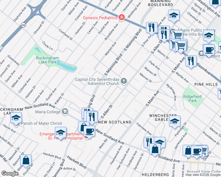 map of restaurants, bars, coffee shops, grocery stores, and more near 162 South Pine Avenue in Albany