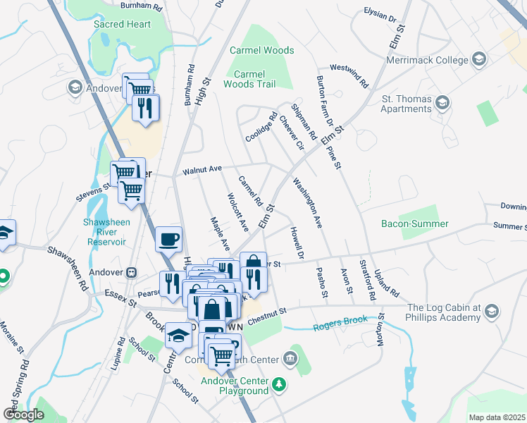 map of restaurants, bars, coffee shops, grocery stores, and more near 76 Elm Street in Andover