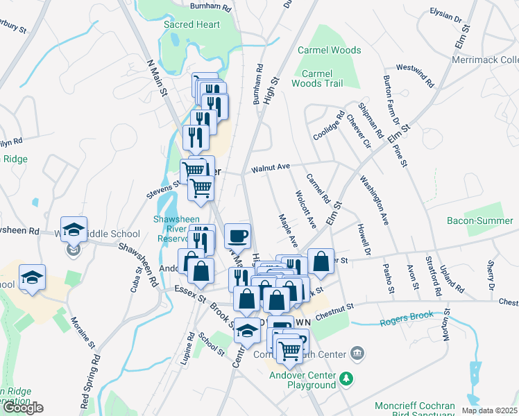 map of restaurants, bars, coffee shops, grocery stores, and more near 55 High Street in Andover