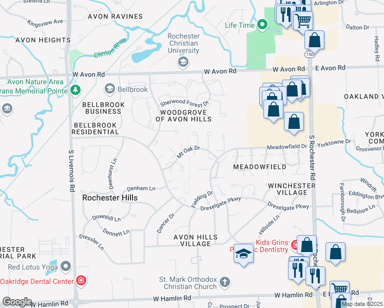 map of restaurants, bars, coffee shops, grocery stores, and more near 943 Medford Court in Rochester Hills