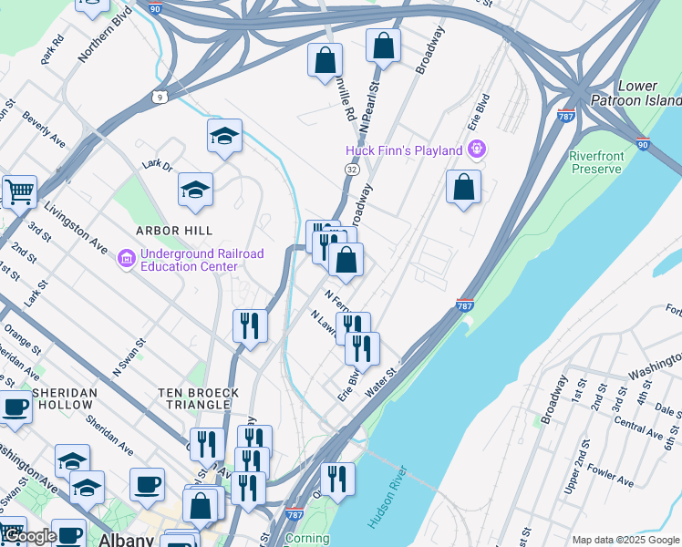 map of restaurants, bars, coffee shops, grocery stores, and more near 918 Broadway in Rensselaer