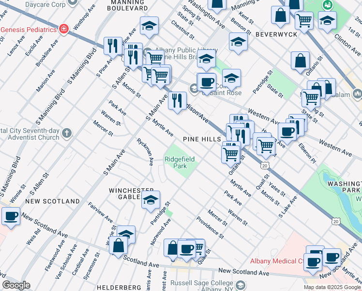 map of restaurants, bars, coffee shops, grocery stores, and more near 758 Myrtle Avenue in Albany