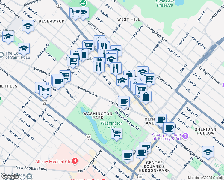 map of restaurants, bars, coffee shops, grocery stores, and more near Washington Avenue & Robin Street in Albany
