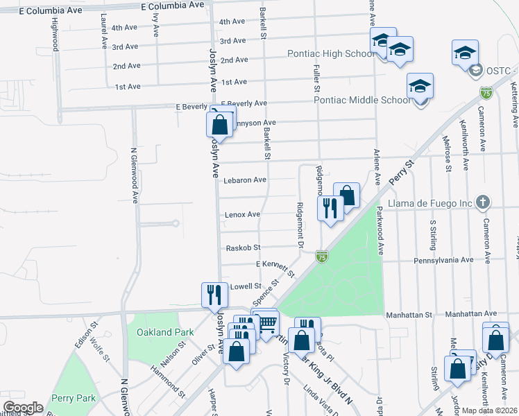 map of restaurants, bars, coffee shops, grocery stores, and more near 620 Wesbrook Street in Pontiac