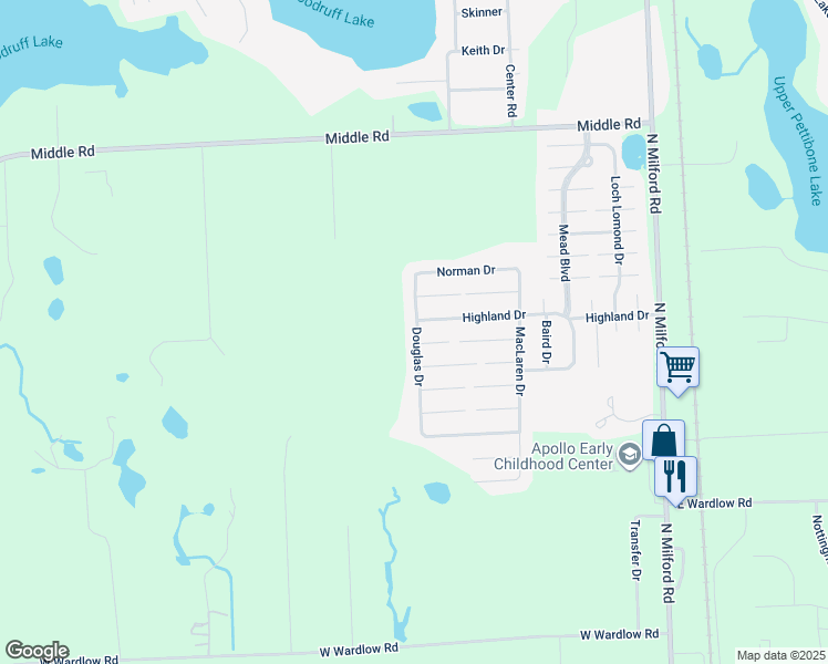 map of restaurants, bars, coffee shops, grocery stores, and more near 298 Highland Drive in Highland Charter Township