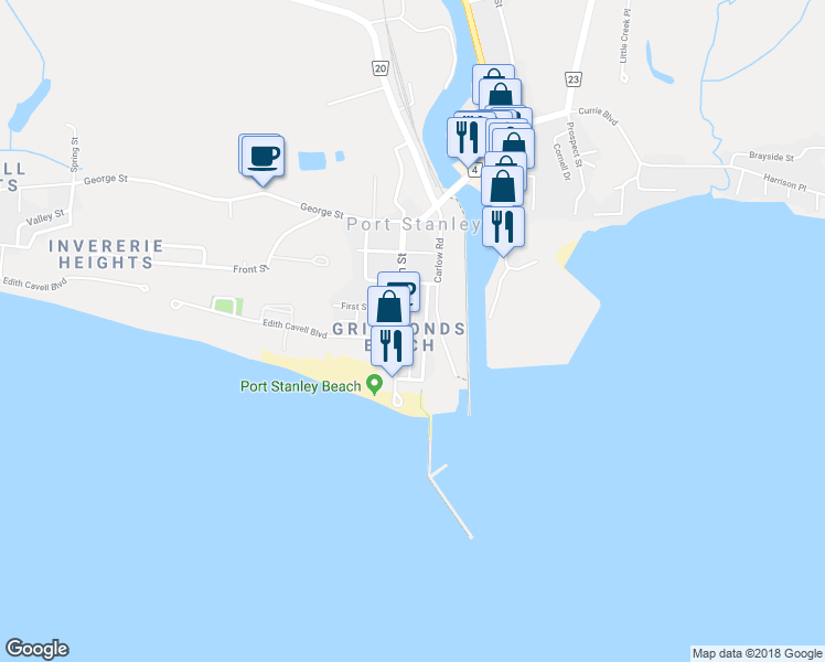 map of restaurants, bars, coffee shops, grocery stores, and more near Bessie Street in Port Stanley