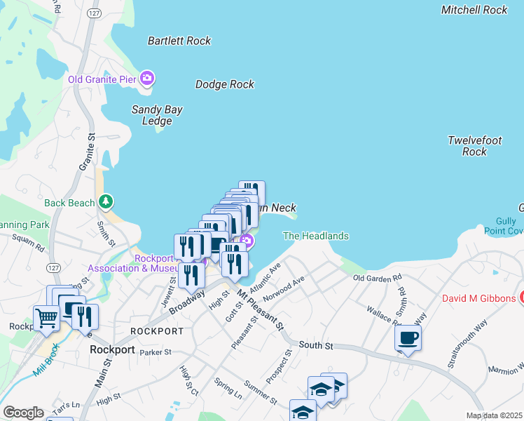 map of restaurants, bars, coffee shops, grocery stores, and more near 70 Bearskin Neck in Rockport