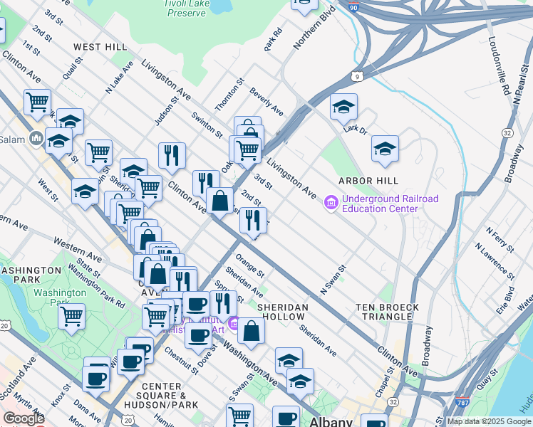 map of restaurants, bars, coffee shops, grocery stores, and more near 166 2nd Street in Albany