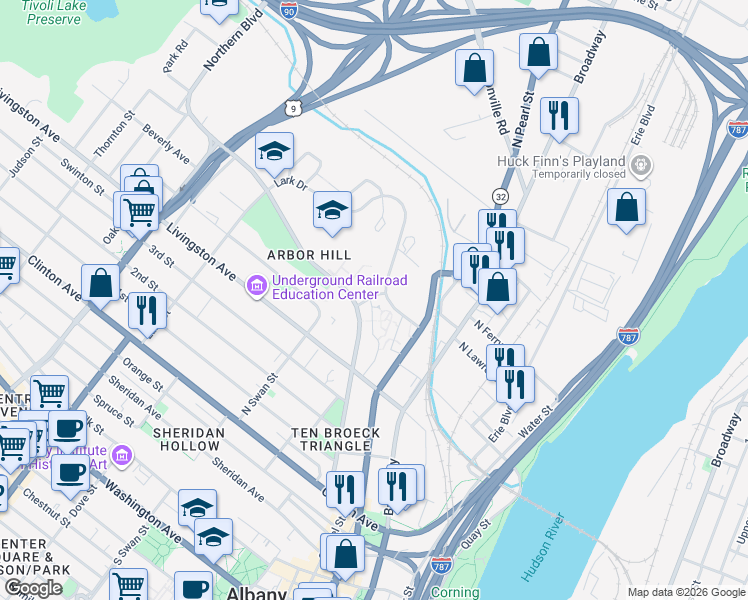 map of restaurants, bars, coffee shops, grocery stores, and more near in Albany