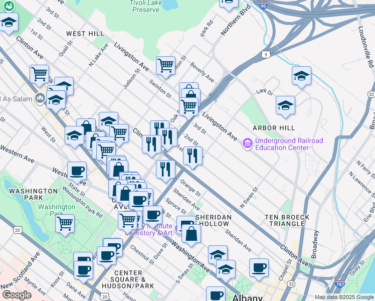map of restaurants, bars, coffee shops, grocery stores, and more near 188.5 2nd Street in Albany