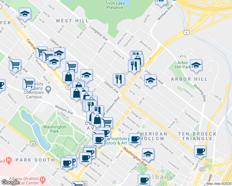 map of restaurants, bars, coffee shops, grocery stores, and more near 369 Clinton Avenue in Albany
