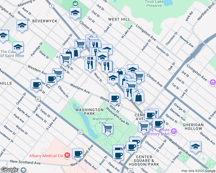 map of restaurants, bars, coffee shops, grocery stores, and more near in Albany